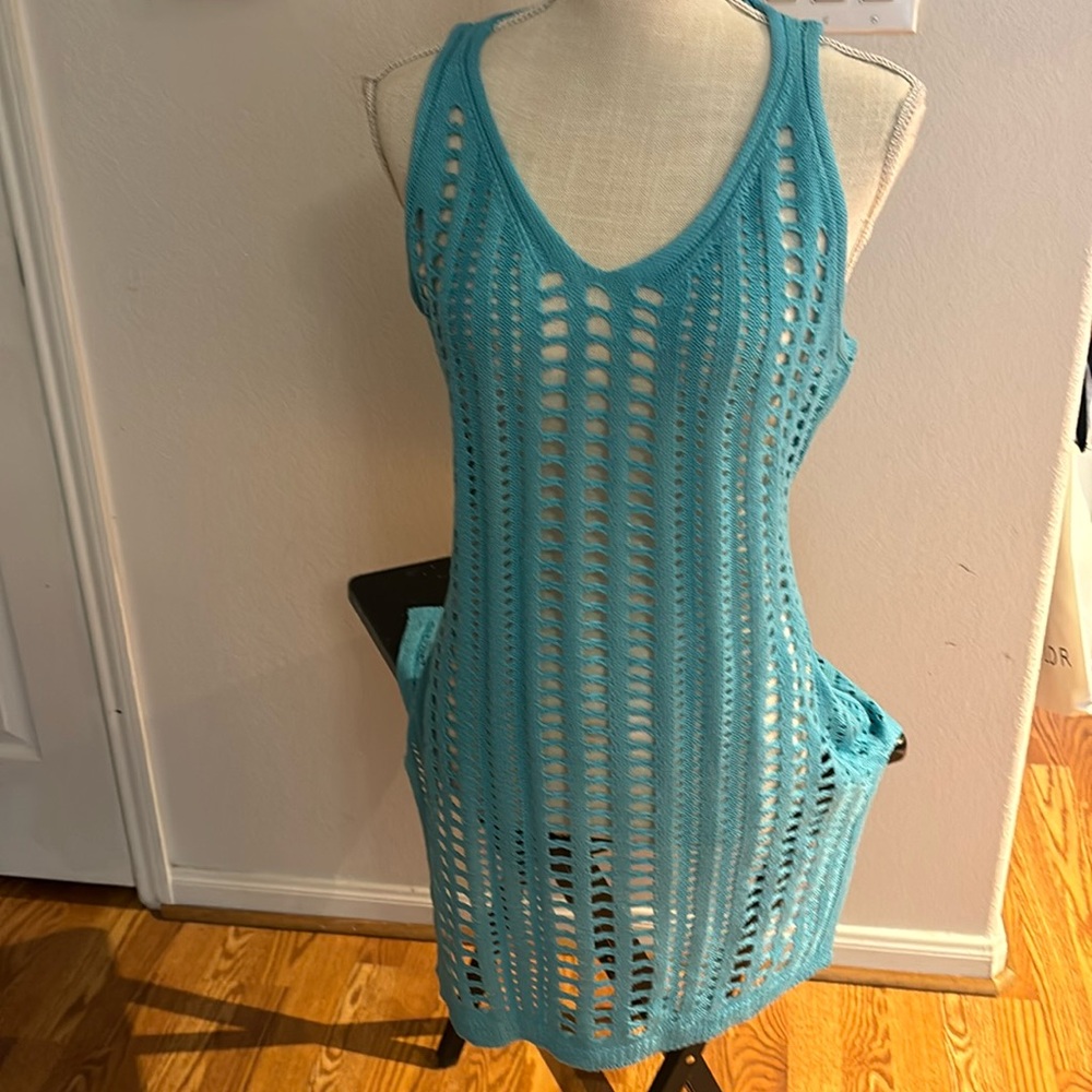 Women Swimsuit Cover Up Crochet Turquoise 36 inch from shoulder hem 100% Acrylic